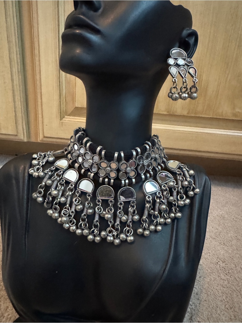 Oxidized Afghani -Tone Tassel Choker Necklace w Matching Earrings - Silver